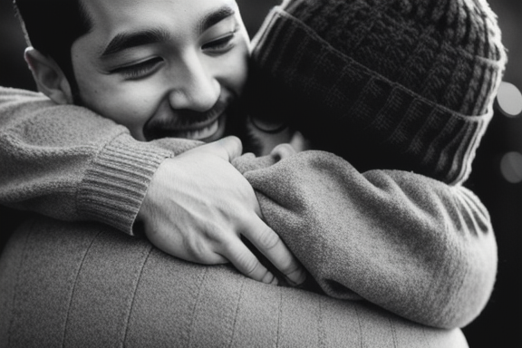 Two men hugging each other warmly