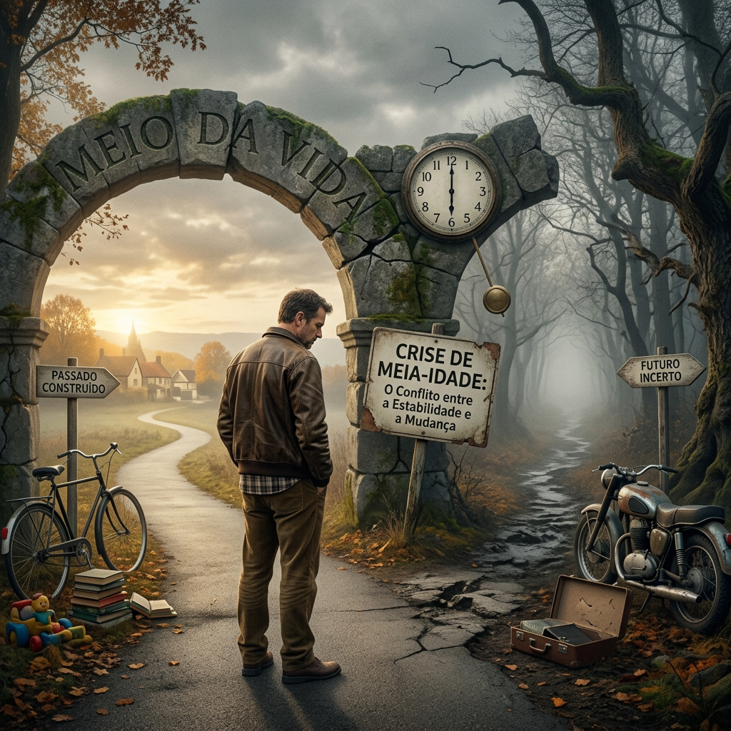 Man standing under stone arch labeled 'Meio da Vida' at crossroads with signs 'Passado Construído' and 'Futuro Incerto'